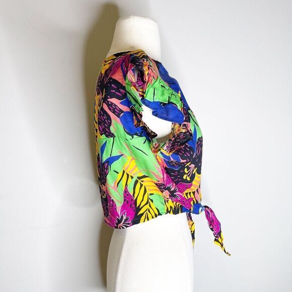 Vintage 80s XS Crop Top Tie Front Blouse Tropical Hibiscus Monstera Colorful - Picture 3 of 16